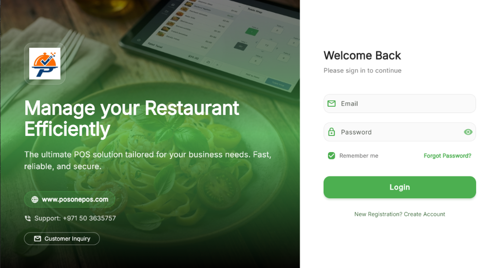 Restaurant POS System Interface - Efficient Management, Analytics, Login Screen